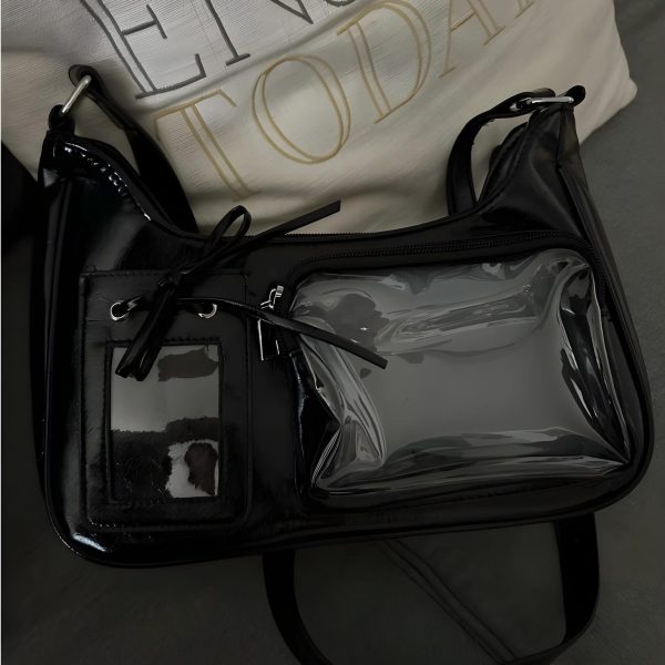 Silver Kawaii Ita Shoulder Bag with Clear Window for Plushies and Pins — crossbody ita bag detail view