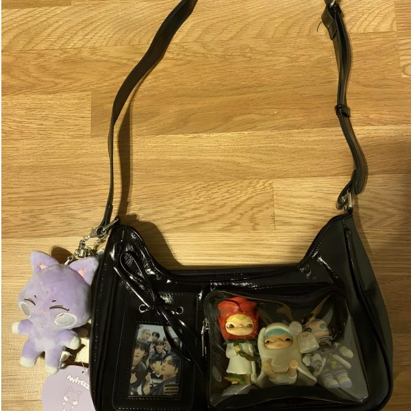 Silver Kawaii Ita Shoulder Bag with Clear Window for Plushies and Pins — crossbody ita bag detail view
