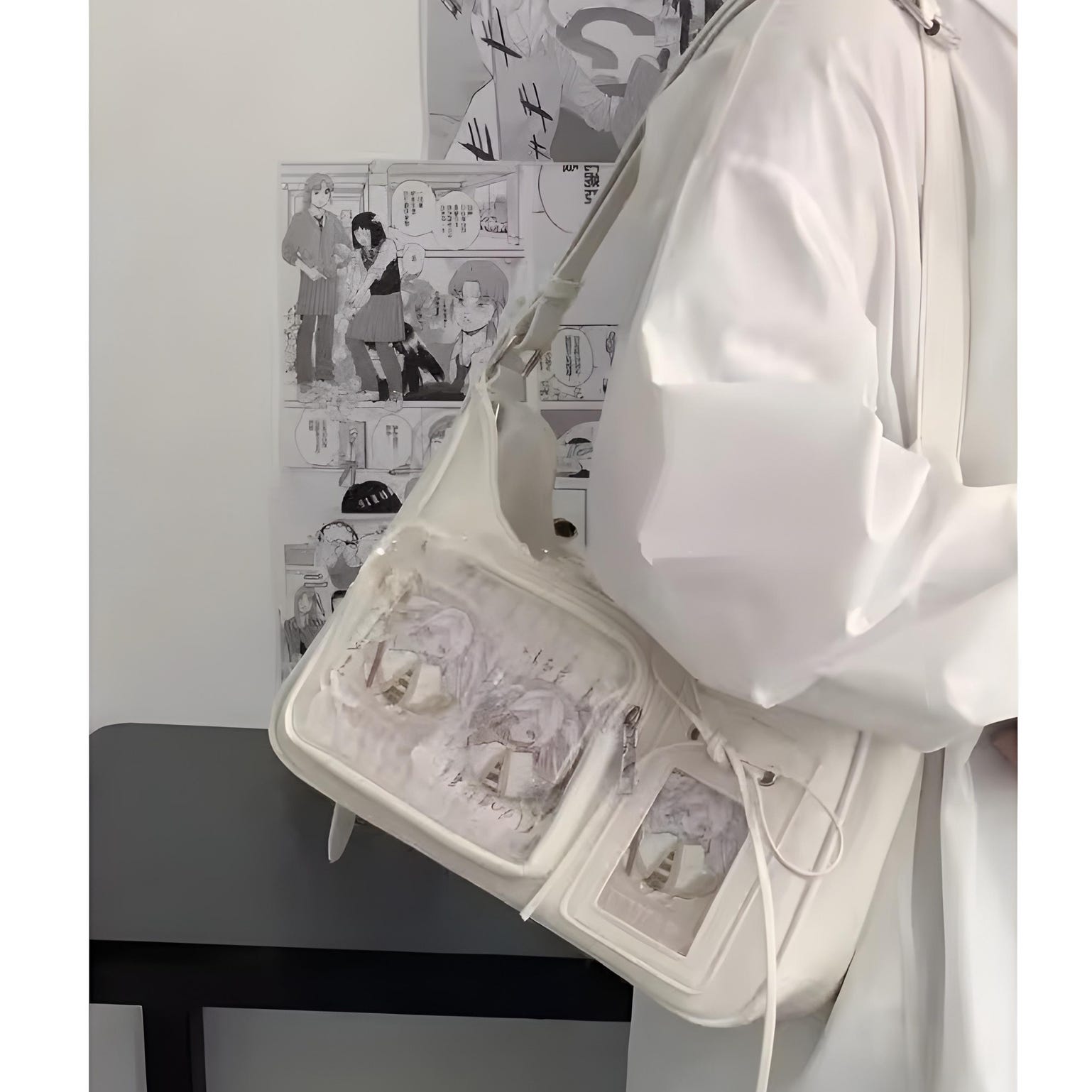 Silver Kawaii Ita Shoulder Bag with Clear Window for Plushies and Pins Silver Kawaii Ita Shoulder Bag with Clear Window for Plushies and Pins — crossbody ita bag detail view