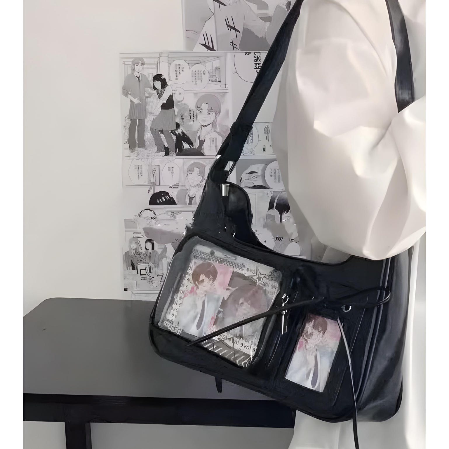 Silver Kawaii Ita Shoulder Bag with Clear Window for Plushies and Pins Silver Kawaii Ita Shoulder Bag with Clear Window for Plushies and Pins — crossbody ita bag detail view