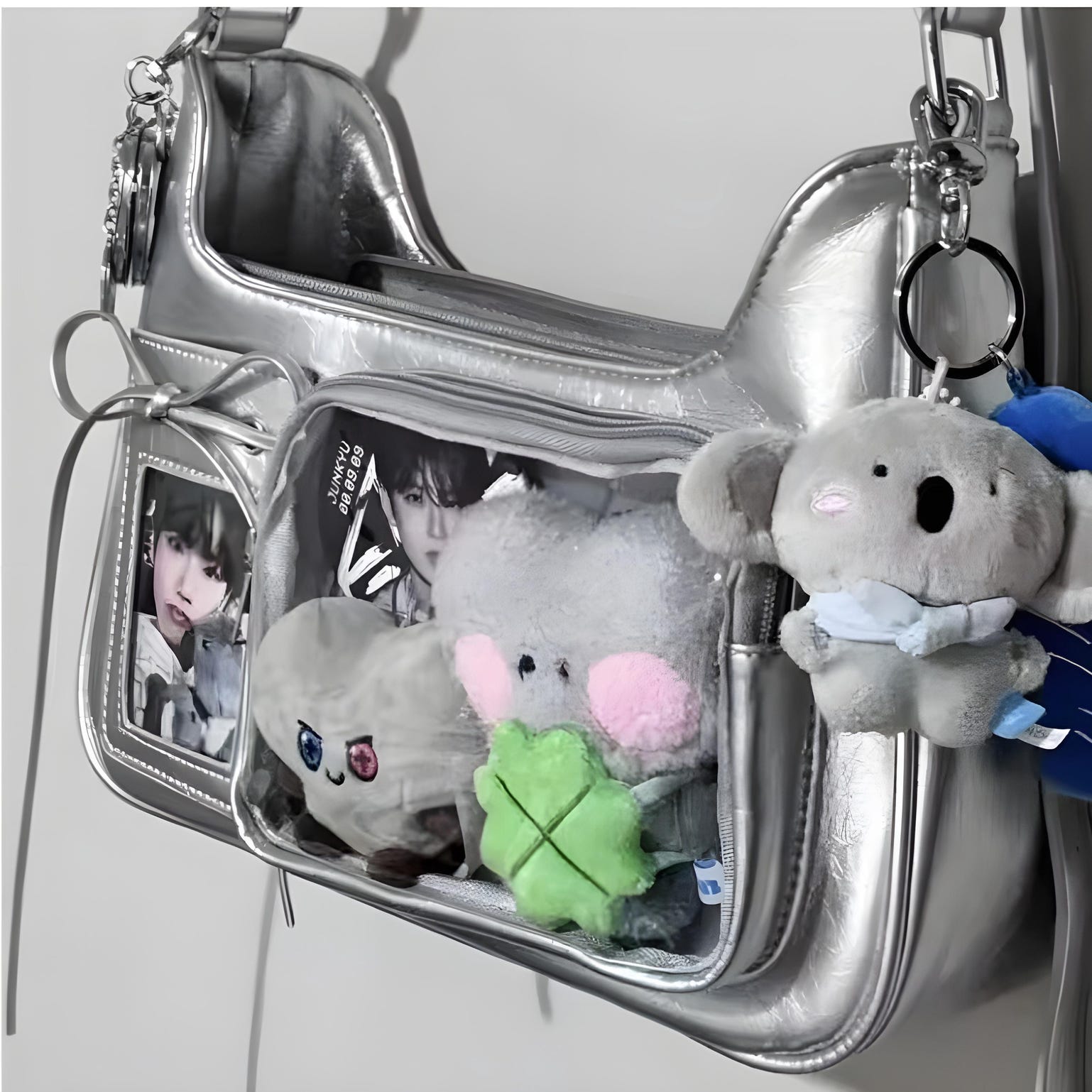 Silver Kawaii Ita Shoulder Bag with Clear Window for Plushies and Pins Silver Kawaii Ita Shoulder Bag with Clear Window for Plushies and Pins — crossbody ita bag detail view