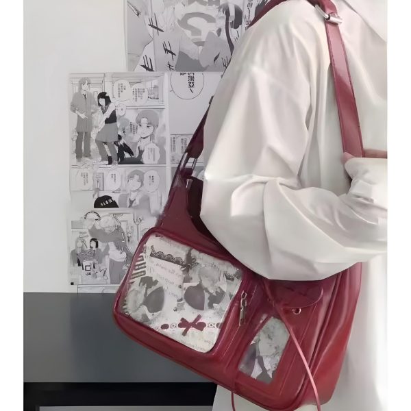 Silver Kawaii Ita Shoulder Bag with Clear Window for Plushies and Pins — crossbody ita bag detail view