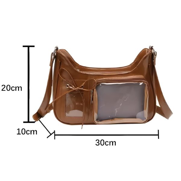 Silver Kawaii Ita Shoulder Bag with Clear Window for Plushies and Pins — crossbody ita bag detail view