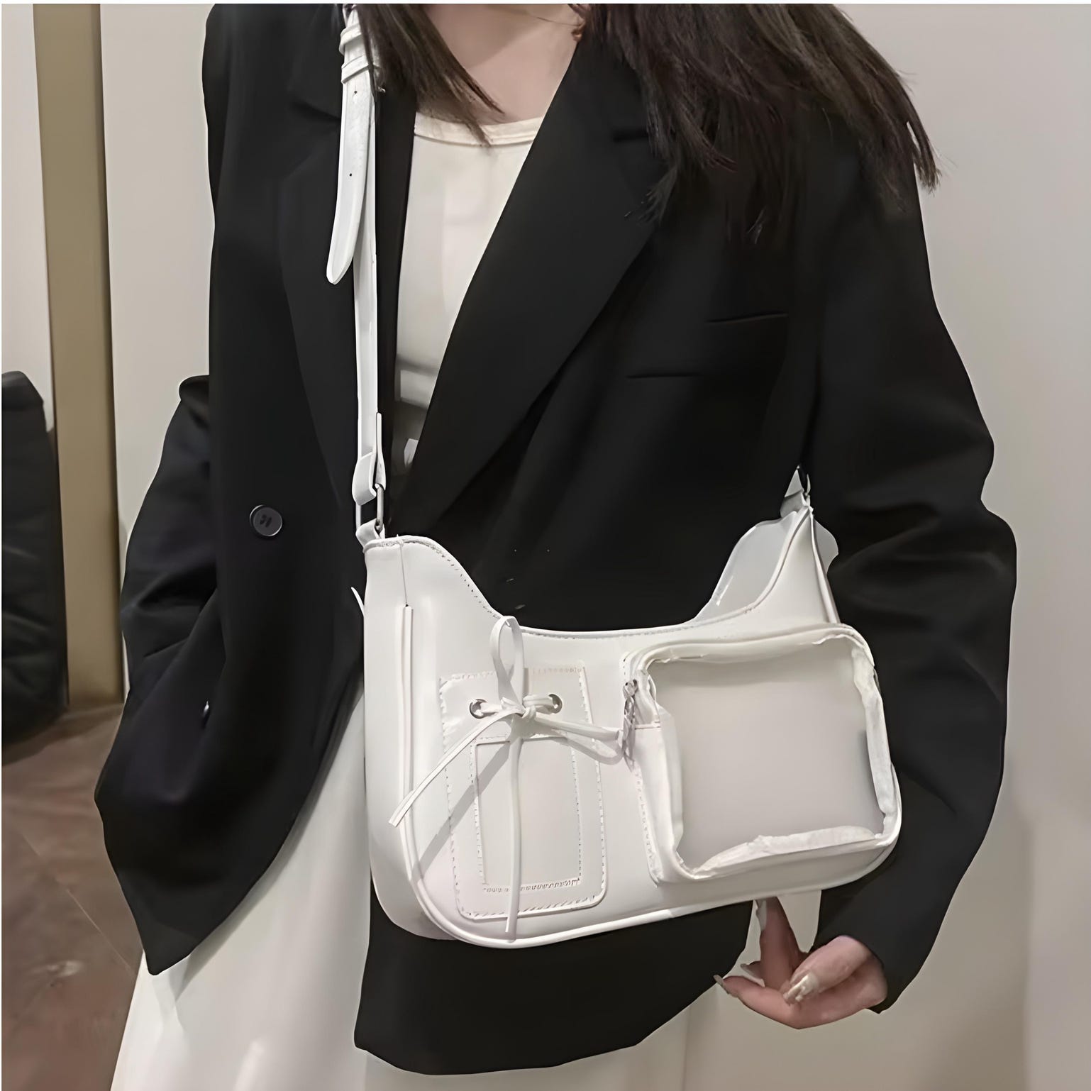 Silver Kawaii Ita Shoulder Bag with Clear Window for Plushies and Pins