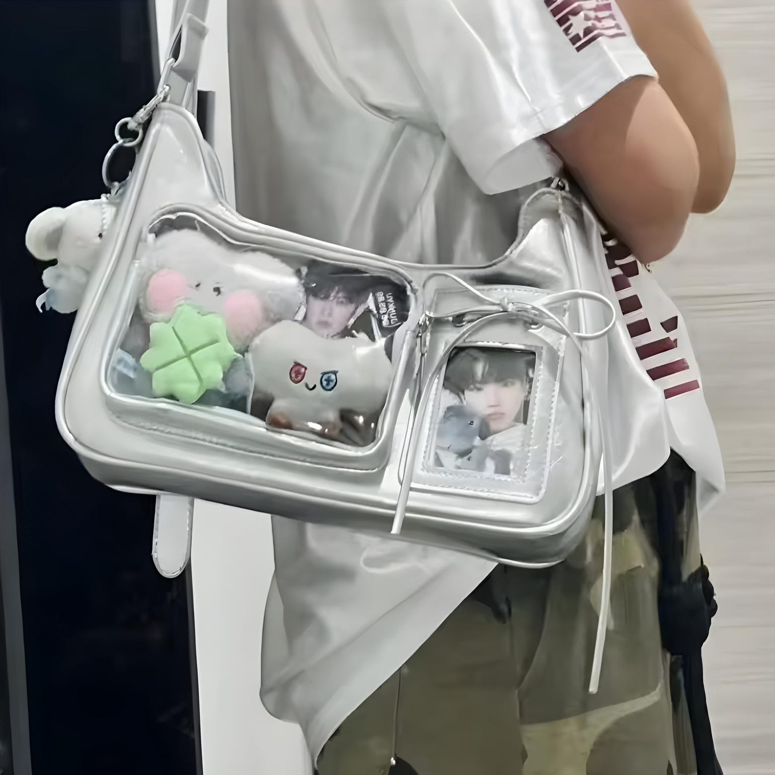 Silver Kawaii Ita Shoulder Bag with Clear Window for Plushies and Pins Silver Kawaii Ita Shoulder Bag with Clear Window for Plushies and Pins — crossbody ita bag detail view