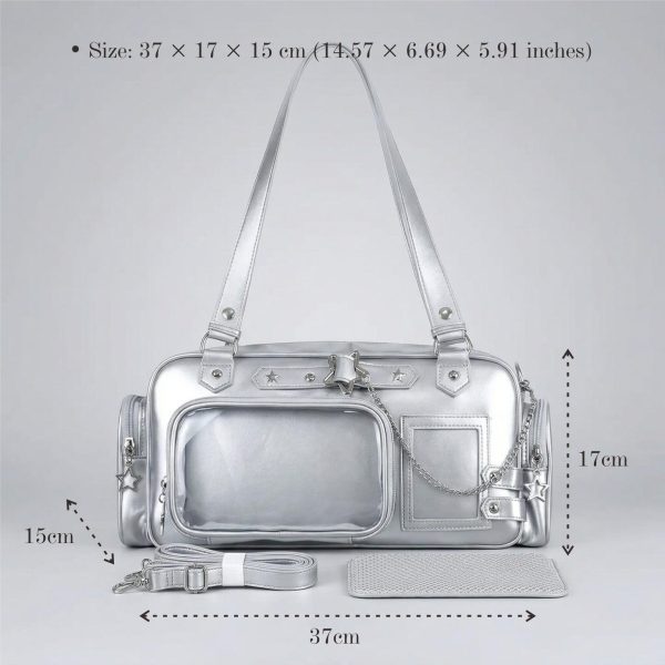 Silver Kawaii Y2K Convertible Ita Bag with Clear Window for Pin Display — ita bag detail view