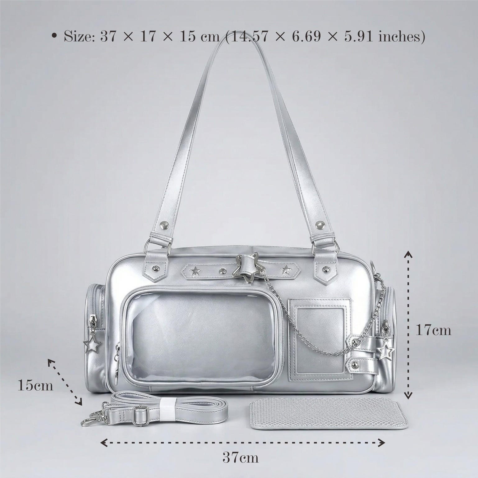 Silver Kawaii Y2K Convertible Ita Bag with Clear Window for Pin Display Silver Kawaii Y2K Convertible Ita Bag with Clear Window for Pin Display — ita bag detail view