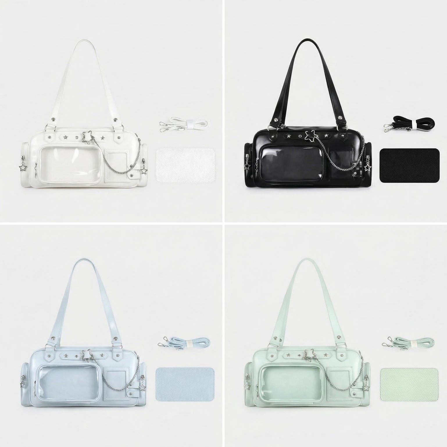 Silver Kawaii Y2K Convertible Ita Bag with Clear Window for Pin Display Silver Kawaii Y2K Convertible Ita Bag with Clear Window for Pin Display — ita bag detail view