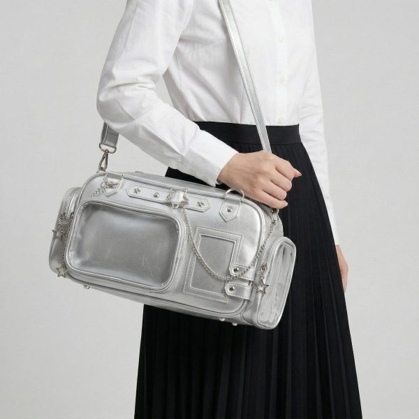 Silver Kawaii Y2K Convertible Ita Bag with Clear Window for Pin Display — ita bag detail view