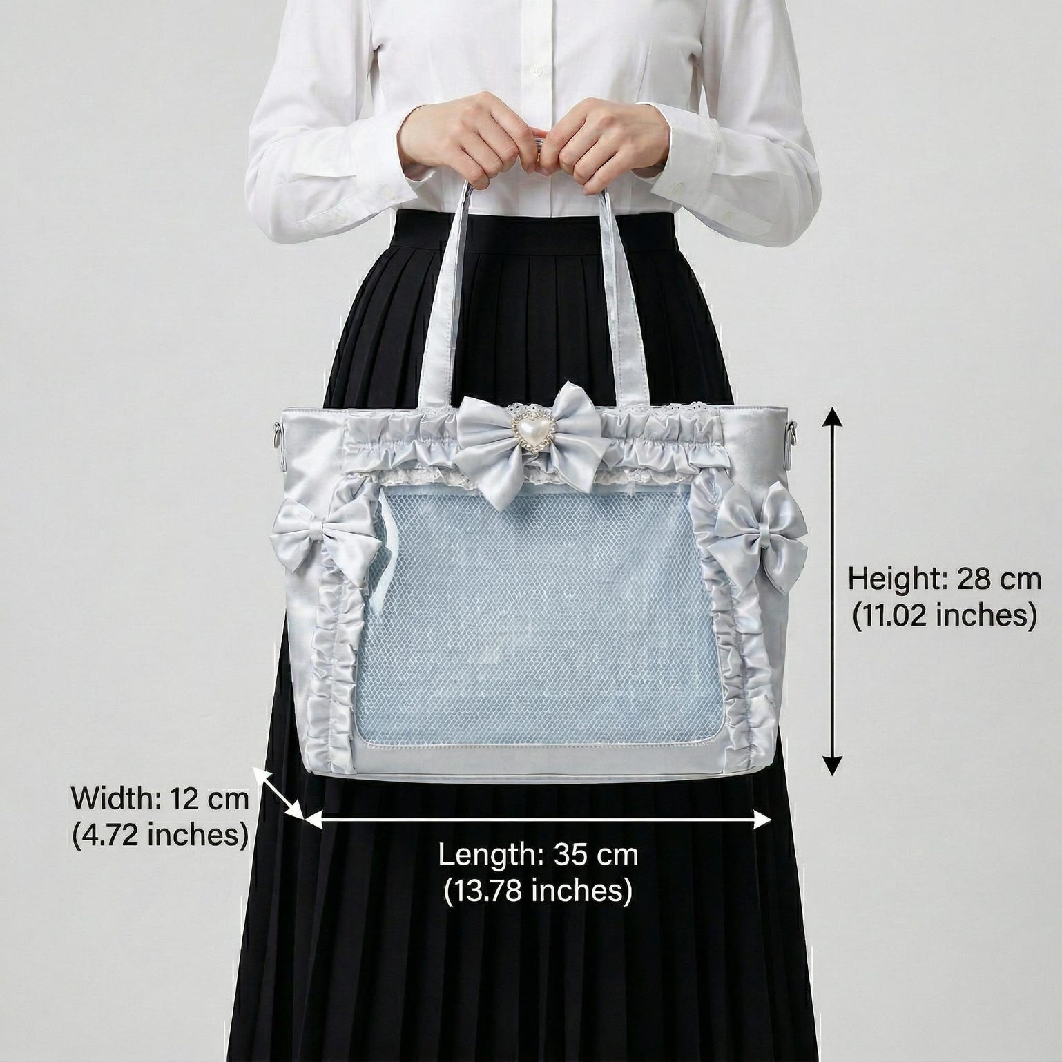 Silver Kawaii Y2K Ita Backpack with Clear Window for Pin Display Silver Kawaii Y2K Ita Backpack with Clear Window for Pin Display — ita backpack detail view