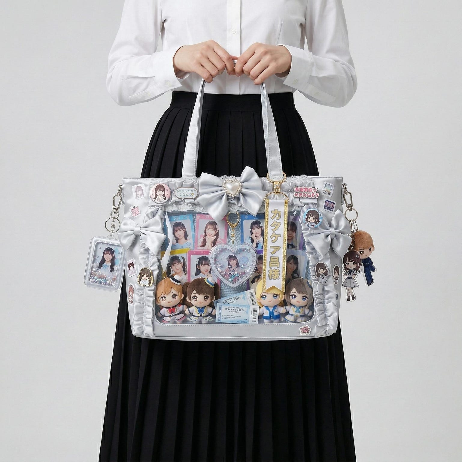Silver Kawaii Y2K Ita Backpack with Clear Window for Pin Display Silver Kawaii Y2K Ita Backpack with Clear Window for Pin Display — ita backpack detail view