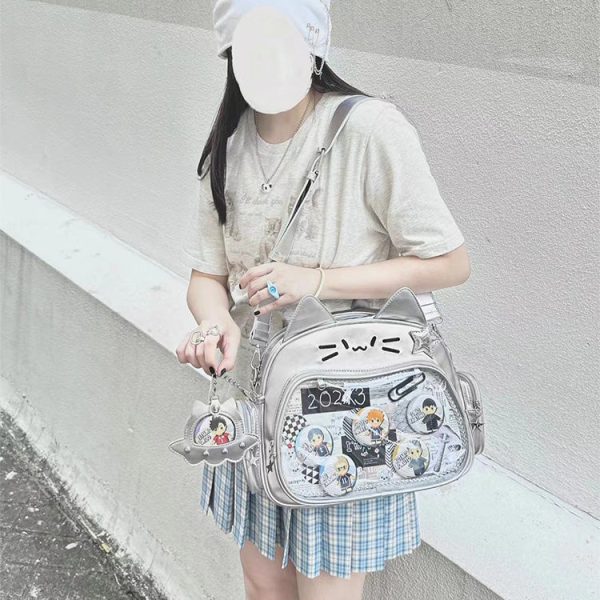 Silver Y2K Cat Backpack with Clear Window for Plushies and Pins — ita backpack detail view