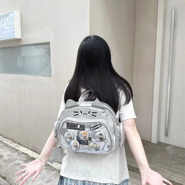 Silver Y2K Cat Backpack with Clear Window for Plushies and Pins — ita backpack detail view