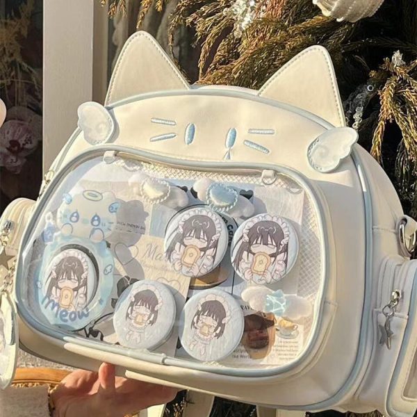Silver Y2K Cat Backpack with Clear Window for Plushies and Pins
