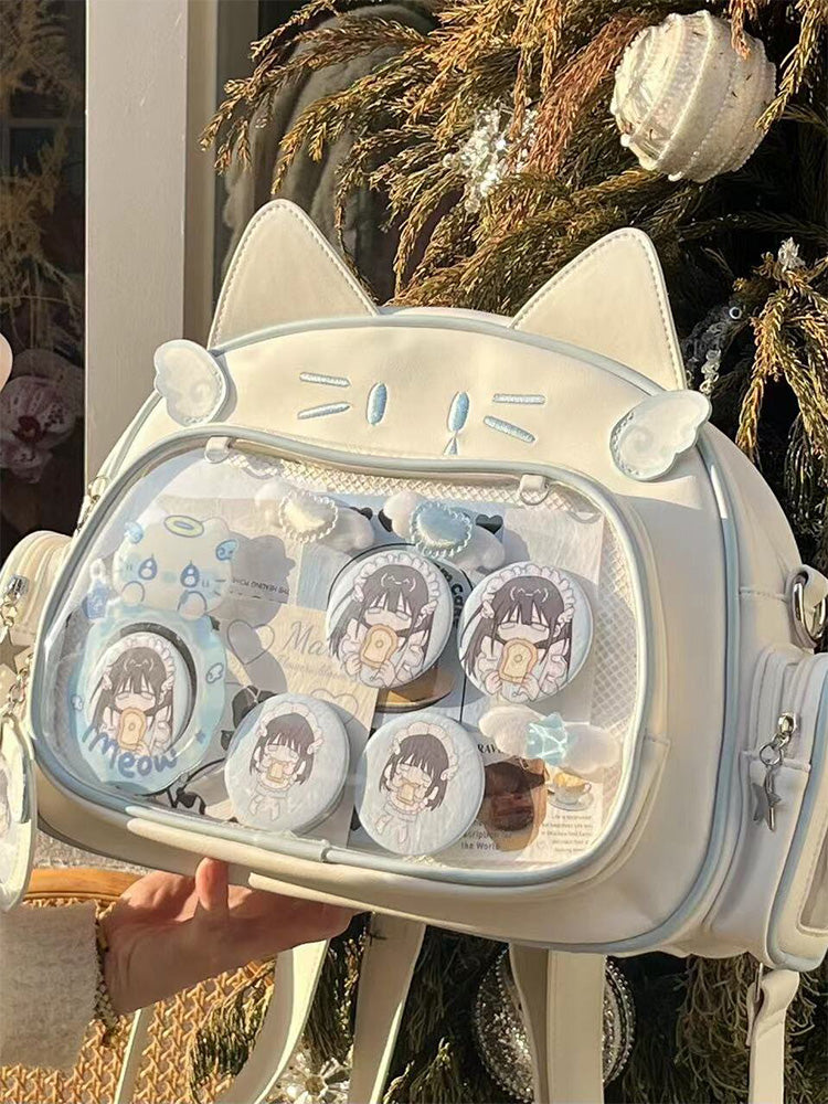 Silver Y2K Cat Backpack with Clear Window for Plushies and Pins