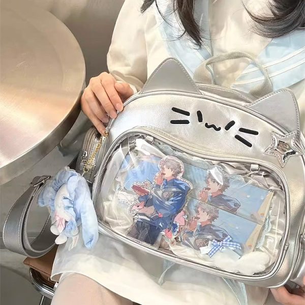 Silver Y2K Cat Backpack with Clear Window for Plushies and Pins — ita backpack detail view
