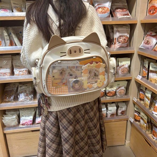 Silver Y2K Cat Backpack with Clear Window for Plushies and Pins — ita backpack detail view