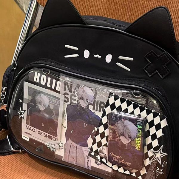Silver Y2K Cat Backpack with Clear Window for Plushies and Pins — ita backpack detail view