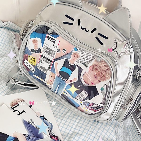 Silver Y2K Cat Backpack with Clear Window for Plushies and Pins — ita backpack detail view