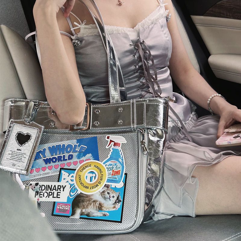 Silver Y2K Ita Tote Bag for Plushies and Pins Silver Y2K Ita Tote Bag for Plushies and Pins — ita tote bag detail view