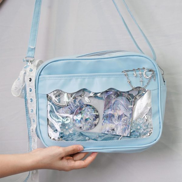 Small Black Convertible Ita Bag with Clear Window for Plushies and Pins — mini ita bag detail view