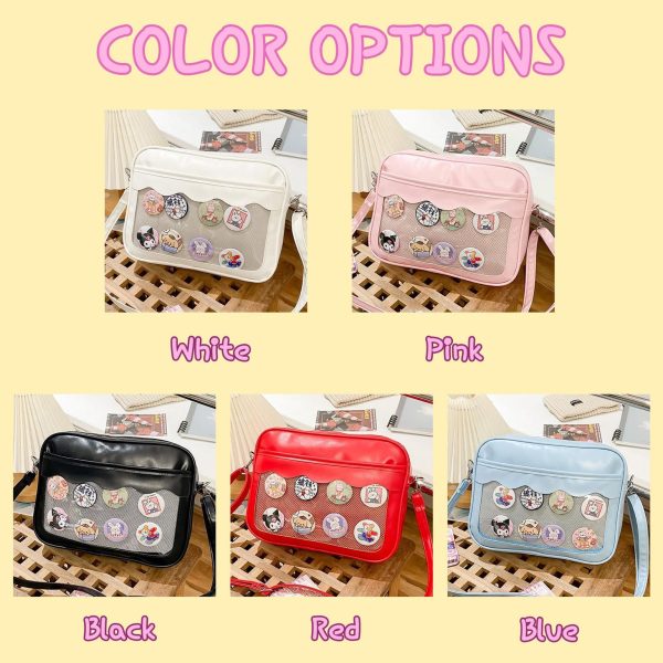 Small Black Convertible Ita Bag with Clear Window for Plushies and Pins — mini ita bag detail view