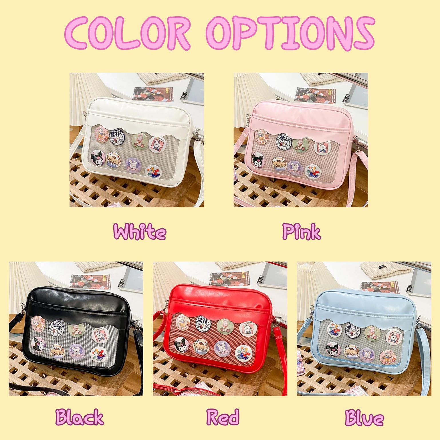 Small Black Convertible Ita Bag with Clear Window for Plushies and Pins Small Black Convertible Ita Bag with Clear Window for Plushies and Pins — mini ita bag detail view