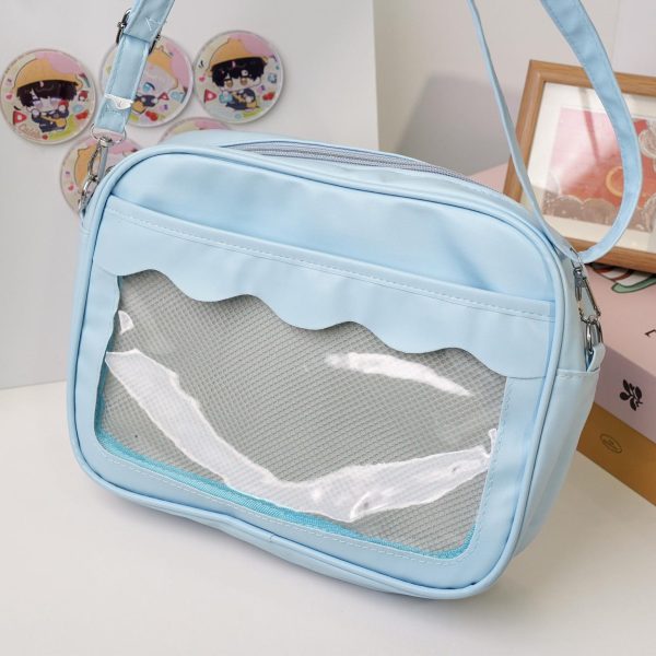 Small Black Convertible Ita Bag with Clear Window for Plushies and Pins — mini ita bag detail view