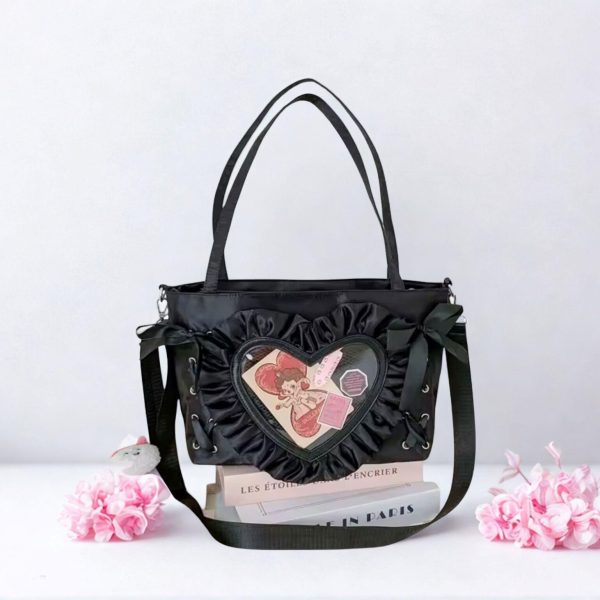 Small Black Lace Heart Ita Messenger Bag for Pin Display — mini ita bag detail view