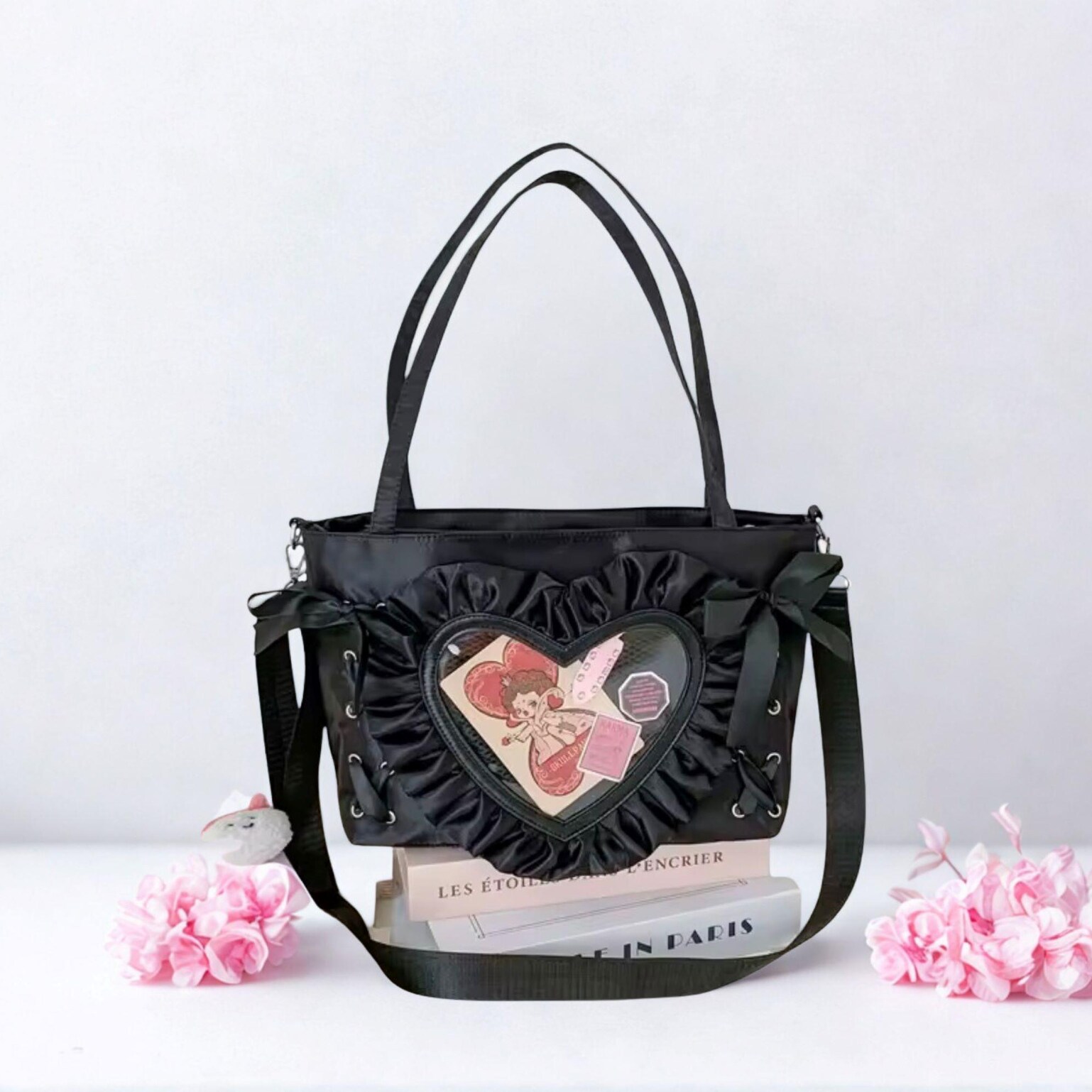Small Black Lace Heart Ita Messenger Bag for Pin Display Small Black Lace Heart Ita Messenger Bag for Pin Display — mini ita bag detail view