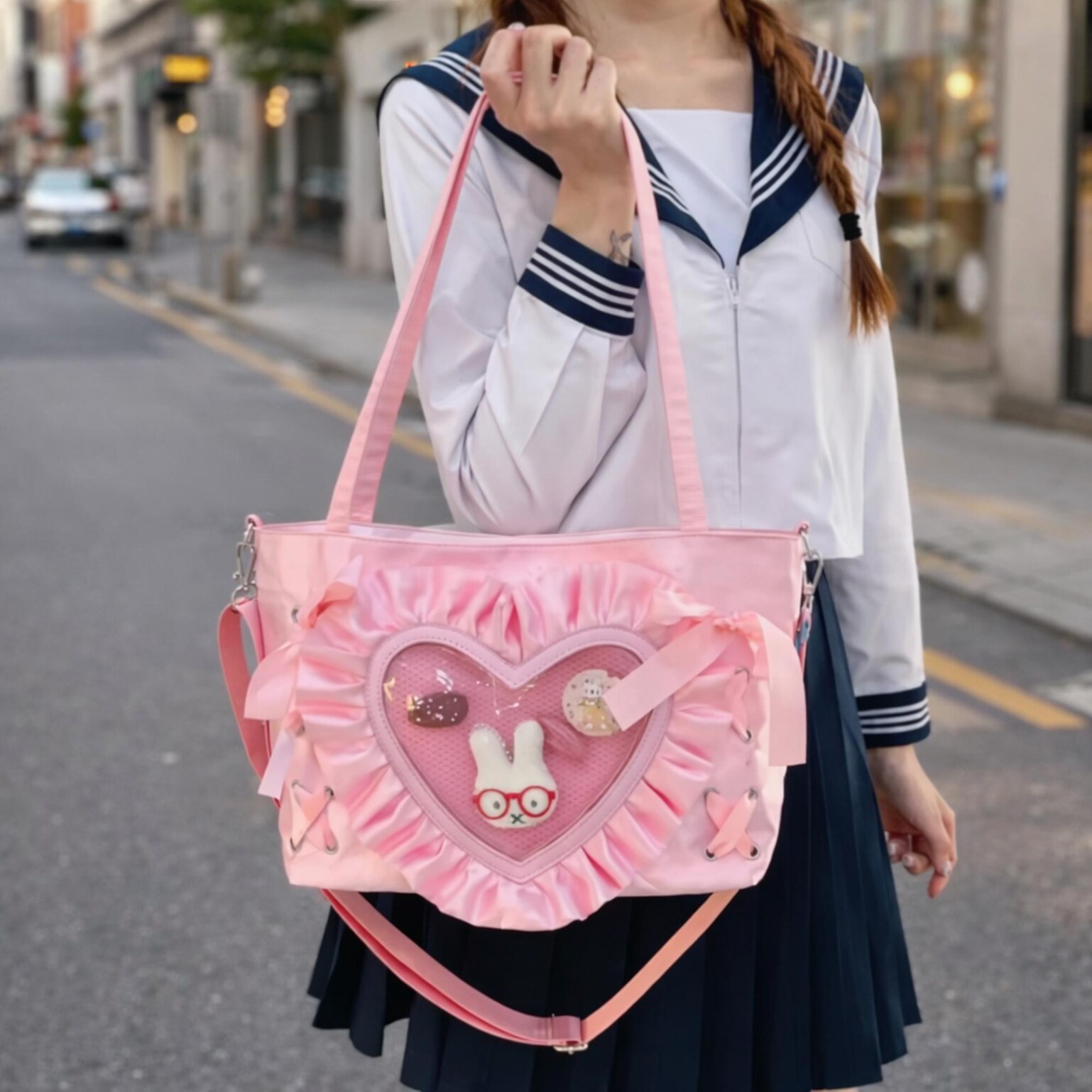Small Black Lace Heart Ita Messenger Bag for Pin Display Small Black Lace Heart Ita Messenger Bag for Pin Display — mini ita bag detail view