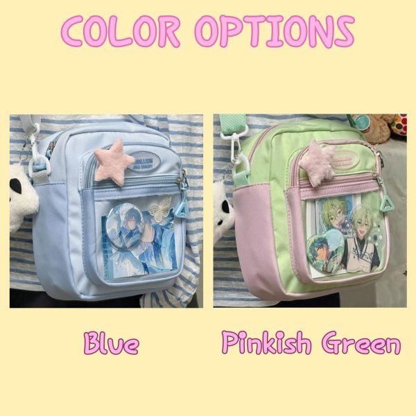 Small Blue Kawaii Convertible Ita Bag with Clear Window for Pin Display — mini ita bag detail view