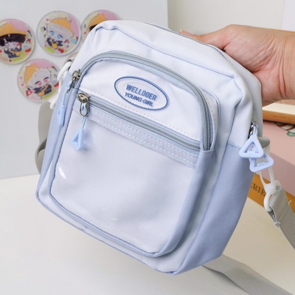 Small Blue Kawaii Convertible Ita Bag with Clear Window for Pin Display — mini ita bag detail view