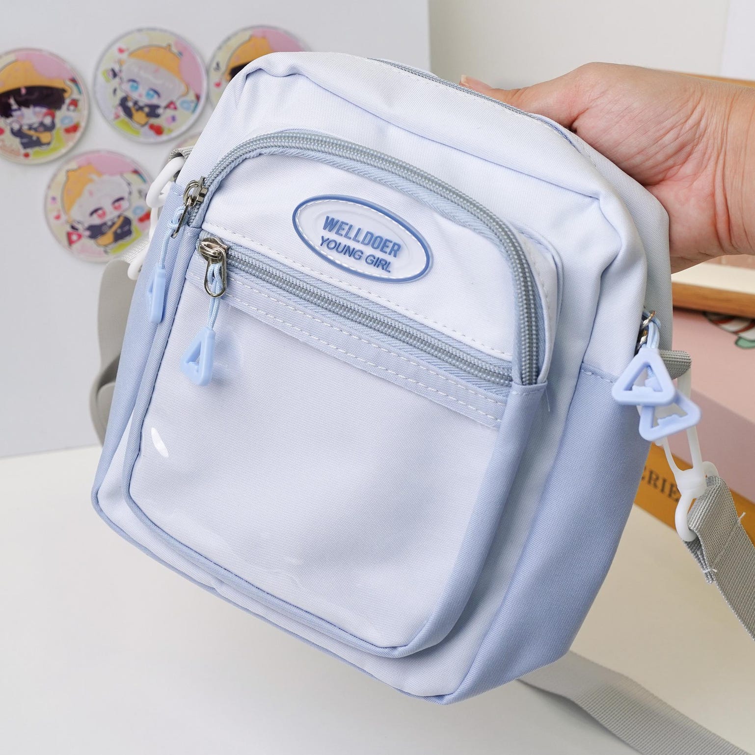 Small Blue Kawaii Convertible Ita Bag with Clear Window for Pin Display Small Blue Kawaii Convertible Ita Bag with Clear Window for Pin Display — mini ita bag detail view