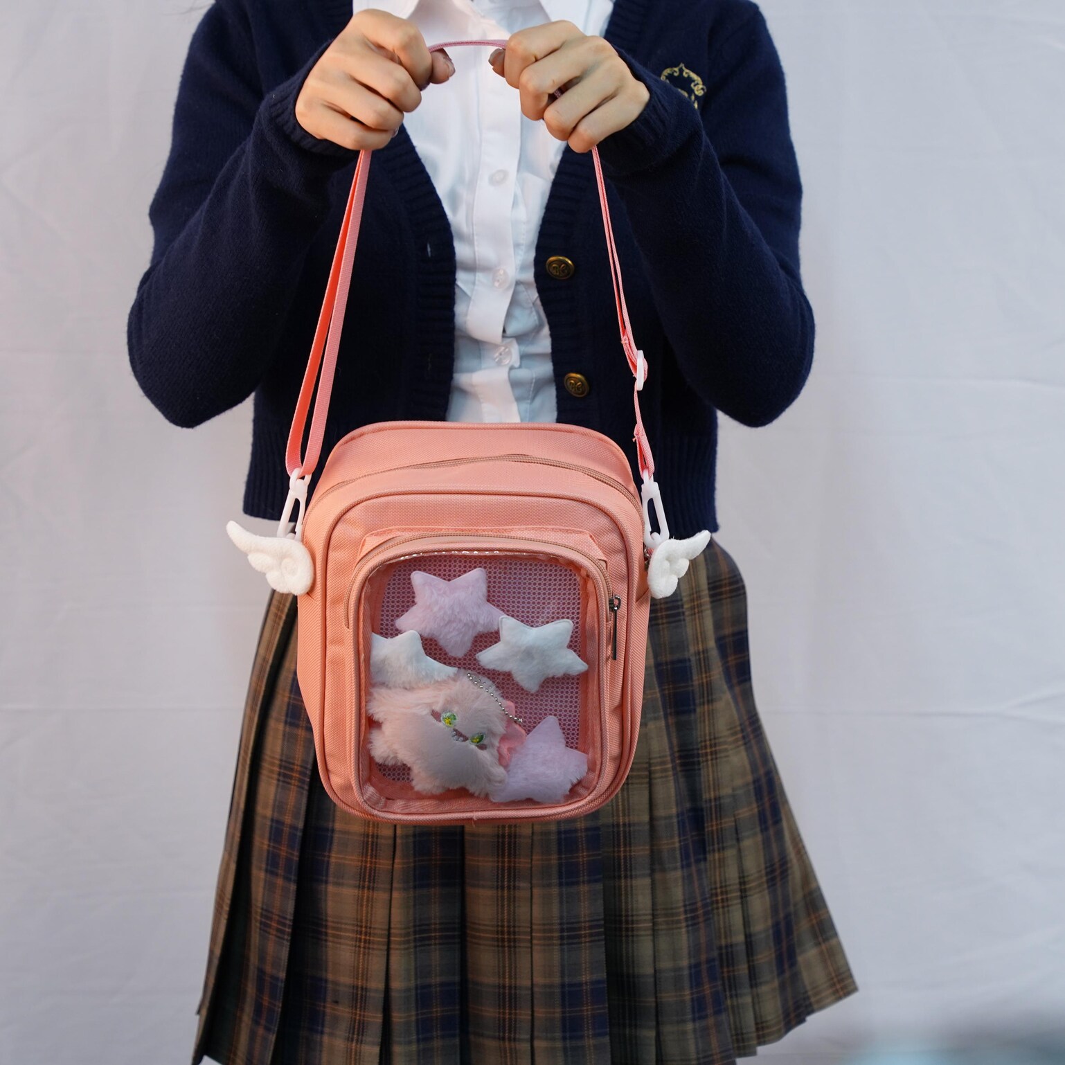 Small Convertible Ita Bag with Clear Window for Plushies and Pins Small Convertible Ita Bag with Clear Window for Plushies and Pins — mini ita bag detail view