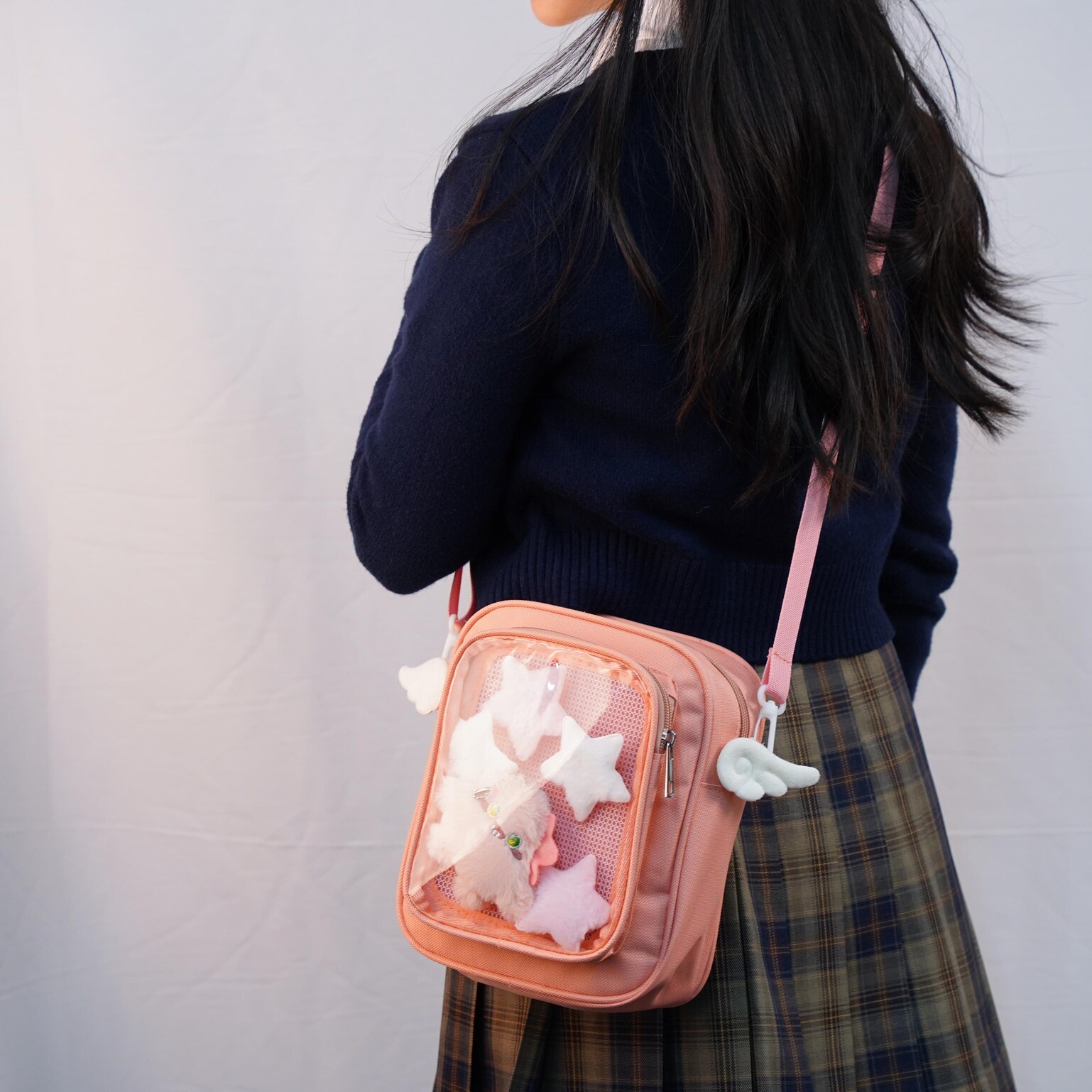 Small Convertible Ita Bag with Clear Window for Plushies and Pins Small Convertible Ita Bag with Clear Window for Plushies and Pins — mini ita bag detail view