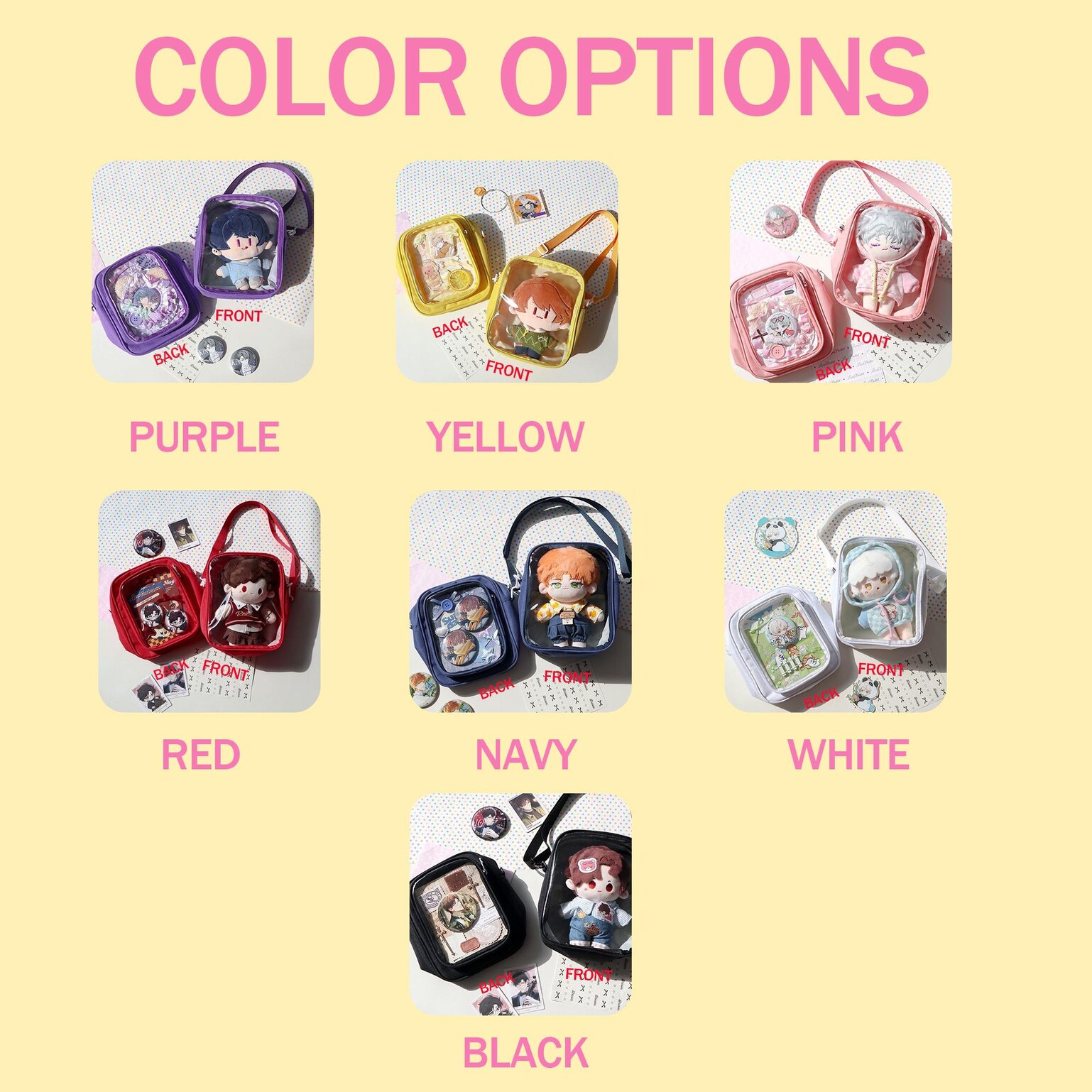 Small Convertible Ita Bag with Clear Window for Plushies and Pins Small Convertible Ita Bag with Clear Window for Plushies and Pins — mini ita bag detail view