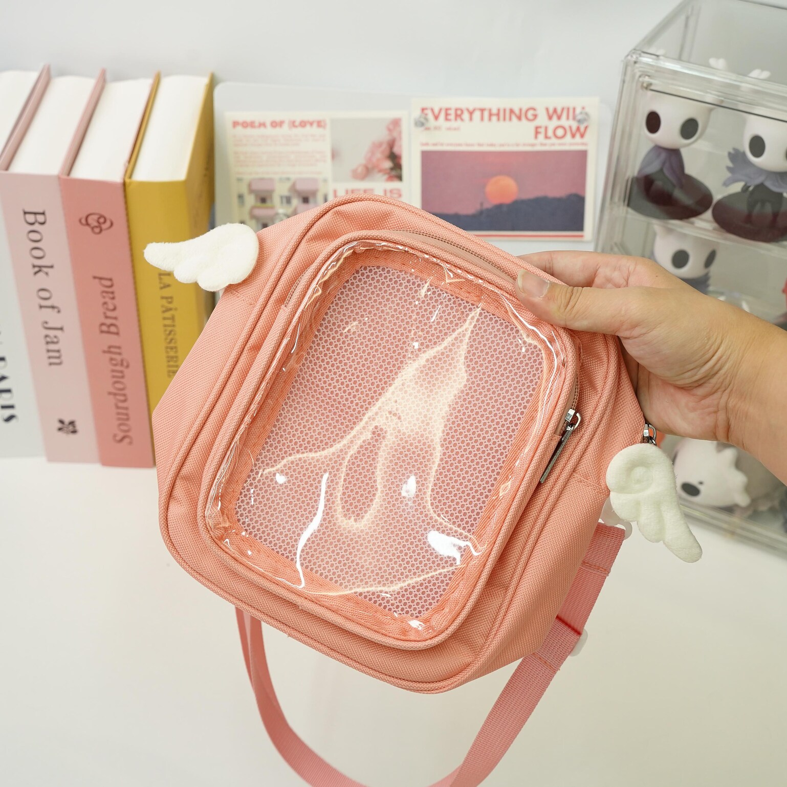 Small Convertible Ita Bag with Clear Window for Plushies and Pins Small Convertible Ita Bag with Clear Window for Plushies and Pins — mini ita bag detail view