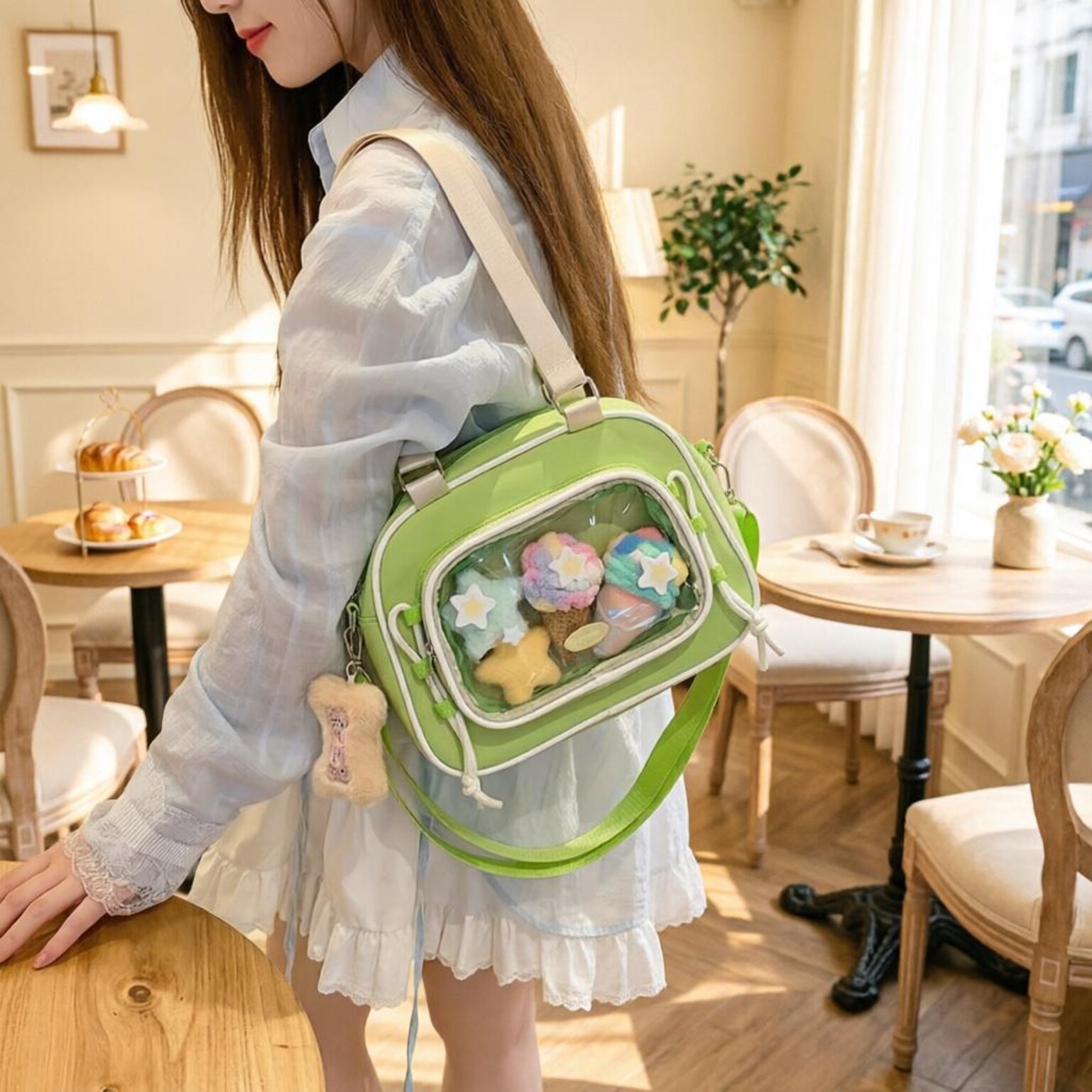 Small Pastel Kawaii Ita Messenger Bag with Clear Window for Plushies and Pins Small Pastel Kawaii Ita Messenger Bag with Clear Window for Plushies and Pins — mini ita bag detail view
