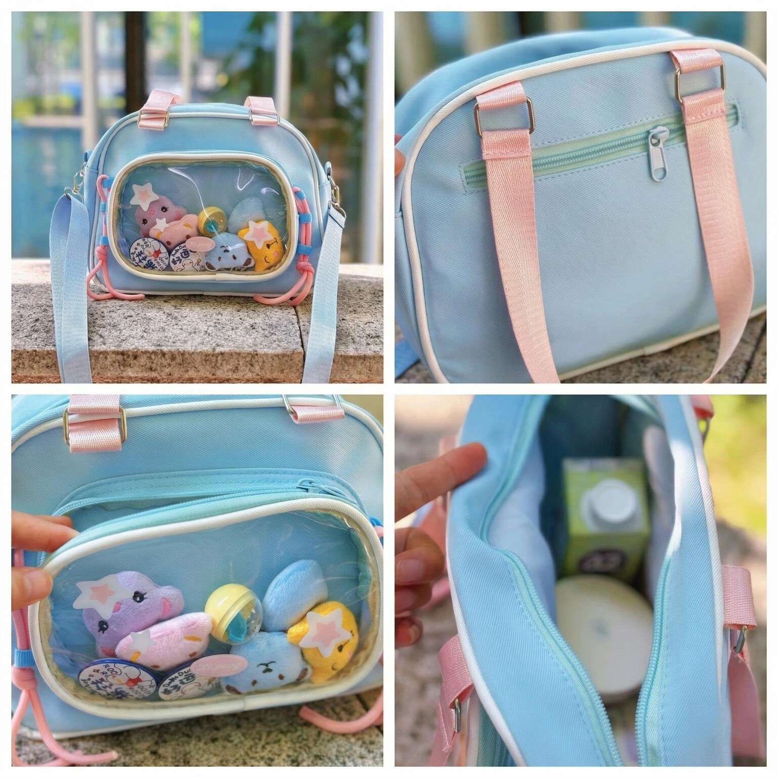 Small Pastel Kawaii Ita Messenger Bag with Clear Window for Plushies and Pins Small Pastel Kawaii Ita Messenger Bag with Clear Window for Plushies and Pins — mini ita bag detail view