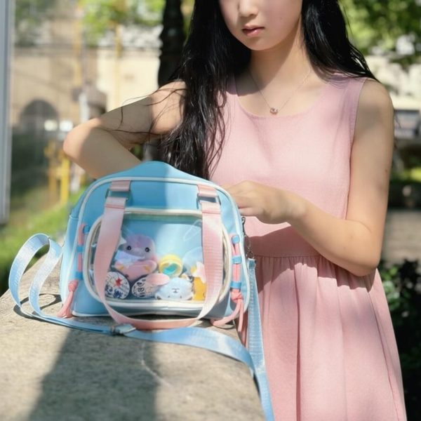 Small Pastel Kawaii Ita Messenger Bag with Clear Window for Plushies and Pins — mini ita bag detail view