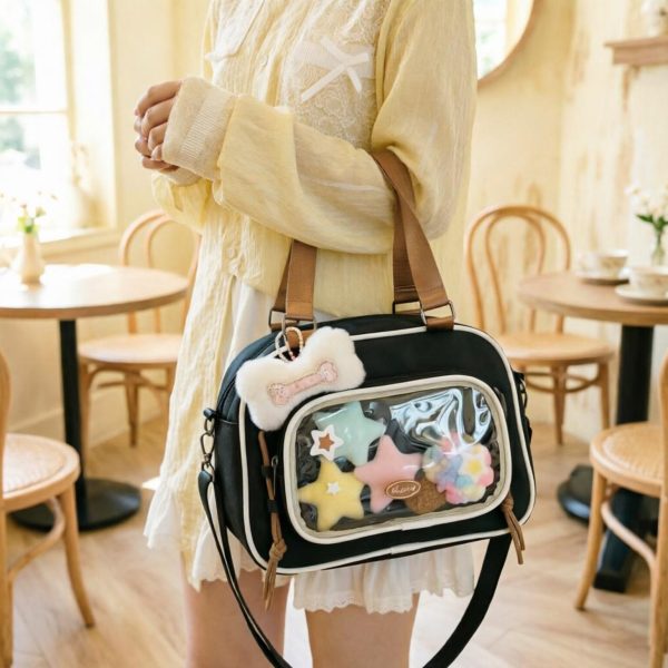 Small Pastel Kawaii Ita Messenger Bag with Clear Window for Plushies and Pins — mini ita bag detail view