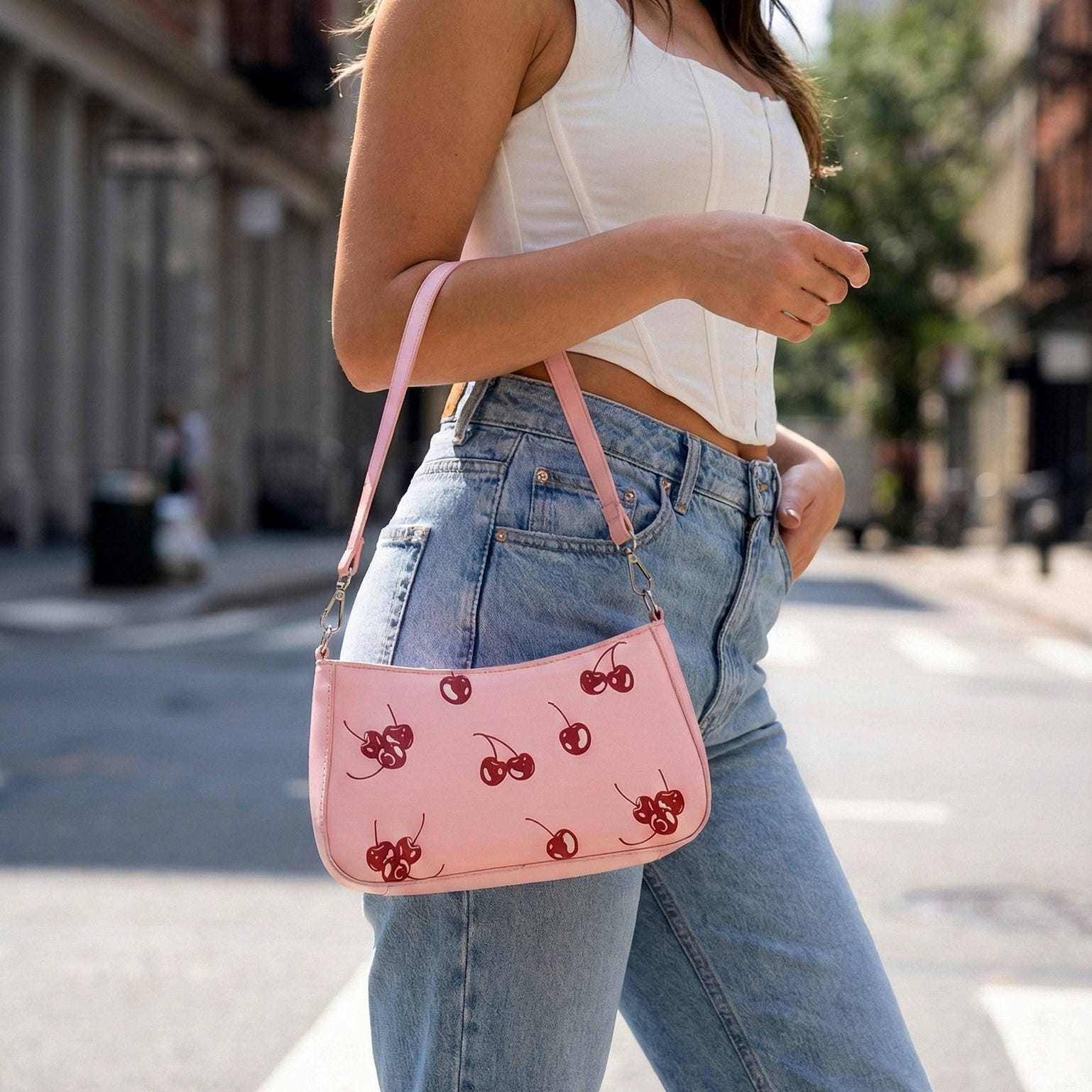 Small Pink Cherry Shoulder Bag for Pin Display Small Pink Cherry Shoulder Bag for Pin Display — crossbody ita bag detail view