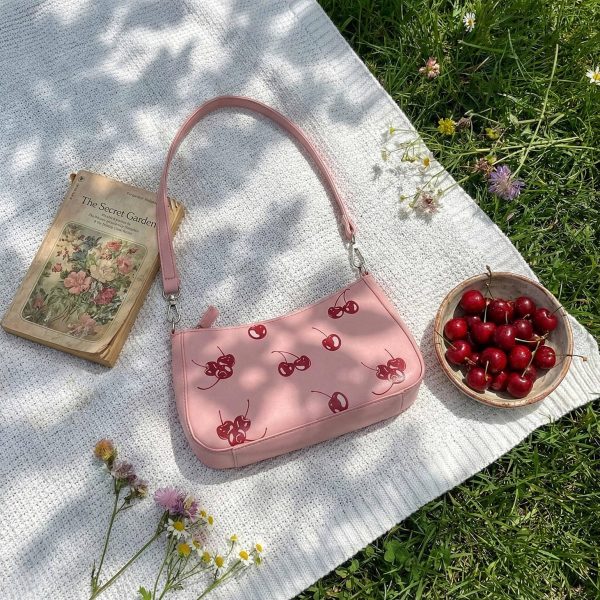 Small Pink Cherry Shoulder Bag for Pin Display — crossbody ita bag detail view
