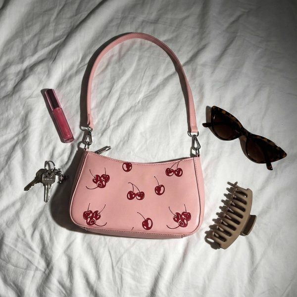 Small Pink Cherry Shoulder Bag for Pin Display — crossbody ita bag detail view
