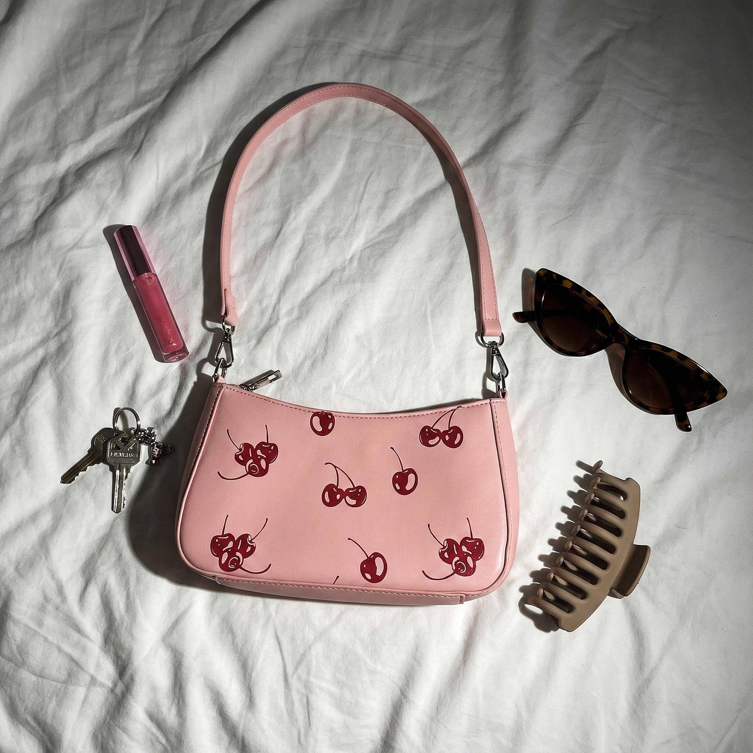 Small Pink Cherry Shoulder Bag for Pin Display Small Pink Cherry Shoulder Bag for Pin Display — crossbody ita bag detail view