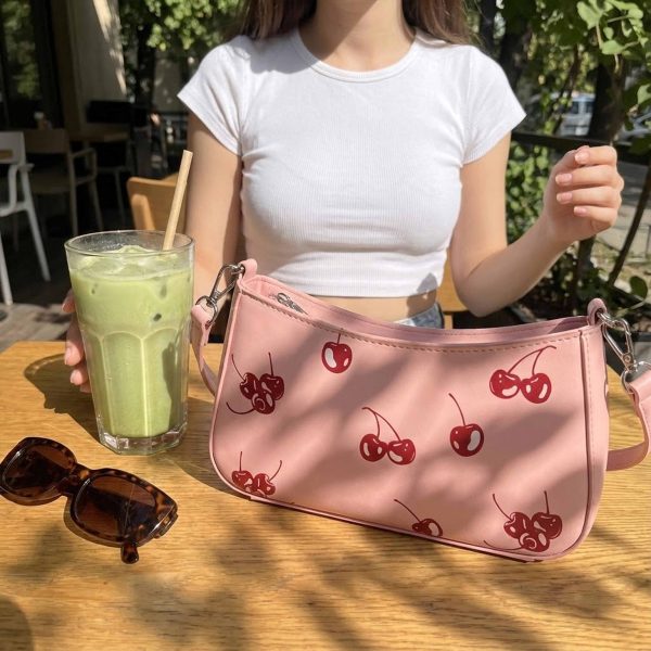 Small Pink Cherry Shoulder Bag for Pin Display — crossbody ita bag detail view