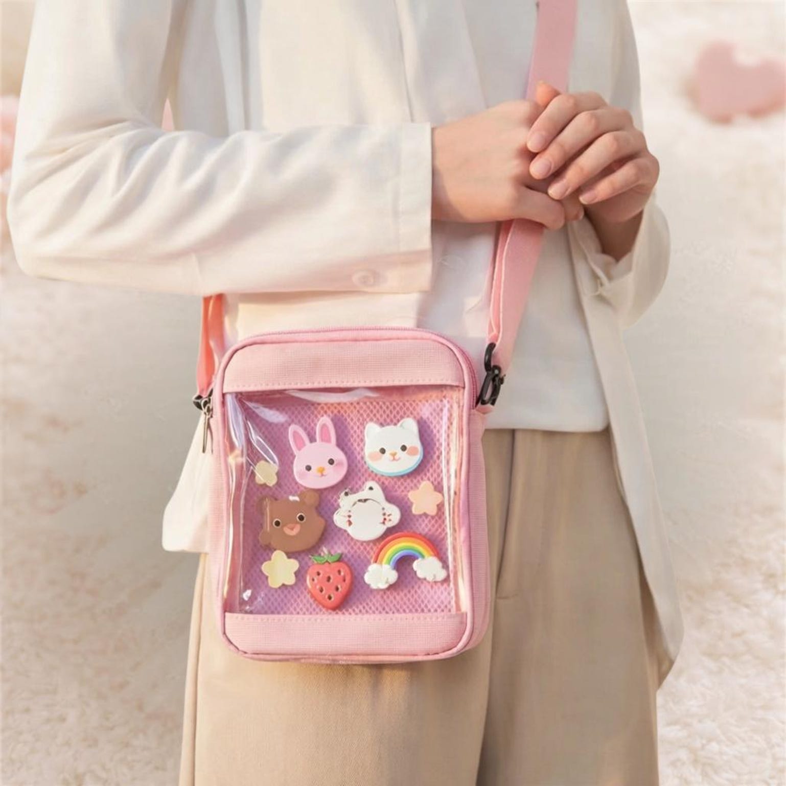Small Pink Convertible Ita Bag with Clear Window for Pin Display Small Pink Convertible Ita Bag with Clear Window for Pin Display — mini ita bag with clear display window