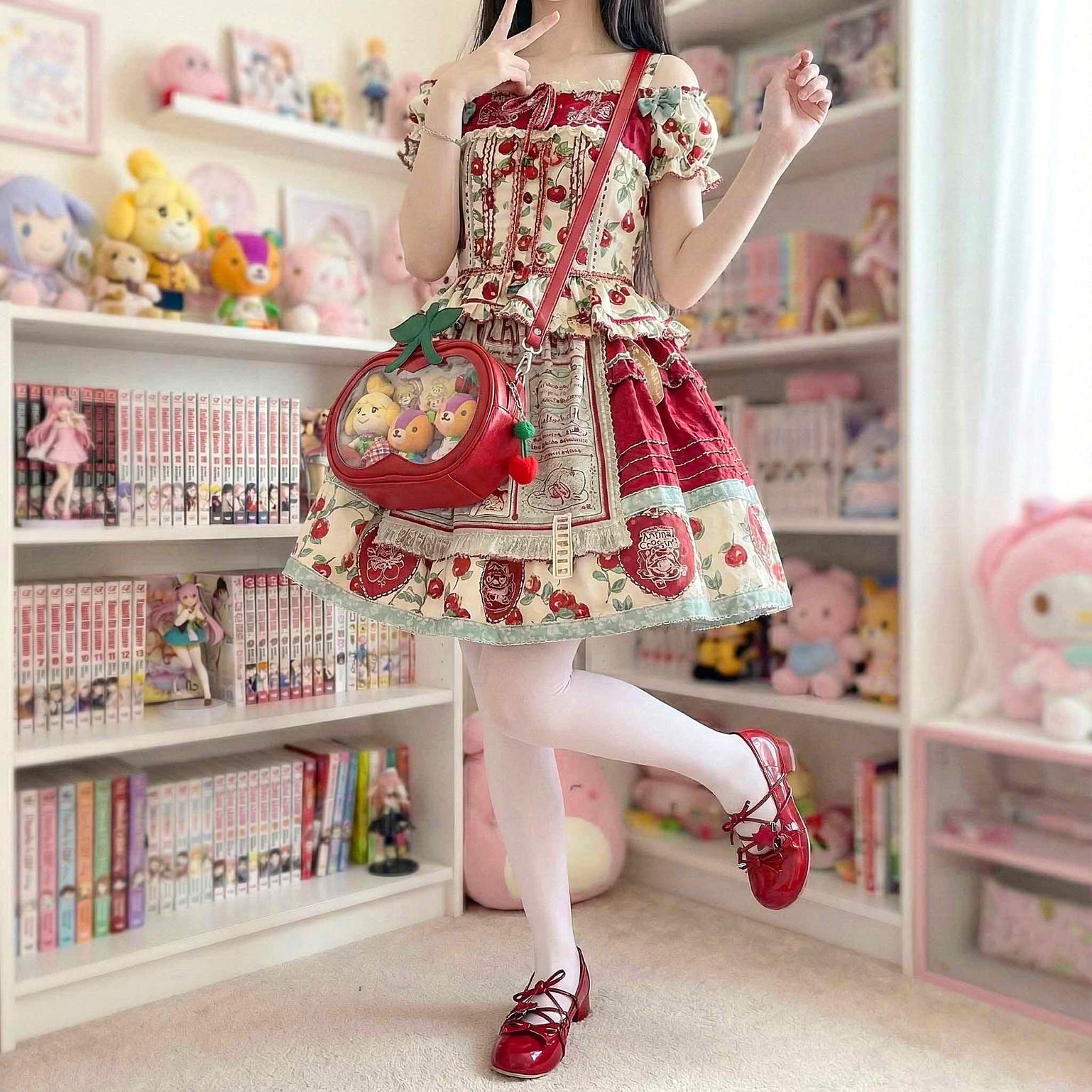 Small Red Cherry Ita Crossbody Bag with Clear Window for Plushies and Pins Small Red Cherry Ita Crossbody Bag with Clear Window for Plushies and Pins — crossbody ita bag detail view