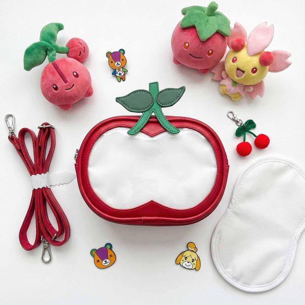 Small Red Cherry Ita Crossbody Bag with Clear Window for Plushies and Pins — crossbody ita bag detail view